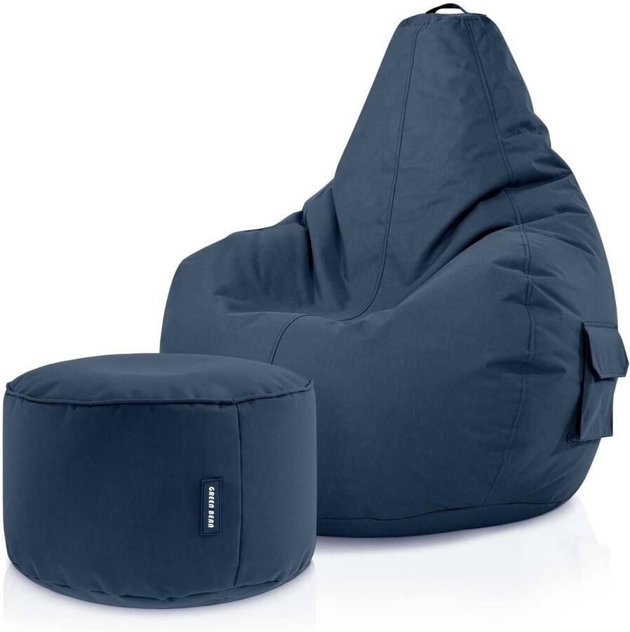 Green Bean Zitzak met rugleuning + kruk Cozy+Stay 80x70x90cm Gaming stoel met 230L EPS-korrelvulling Donkerblauw
