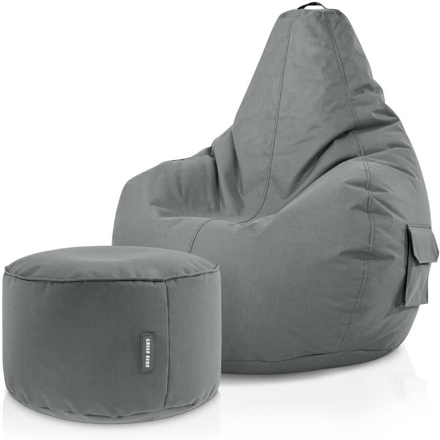 Green Bean Zitzak met rugleuning + kruk Cozy+Stay 80x70x90cm Gaming stoel met 230L EPS-korrelvulling Grijs