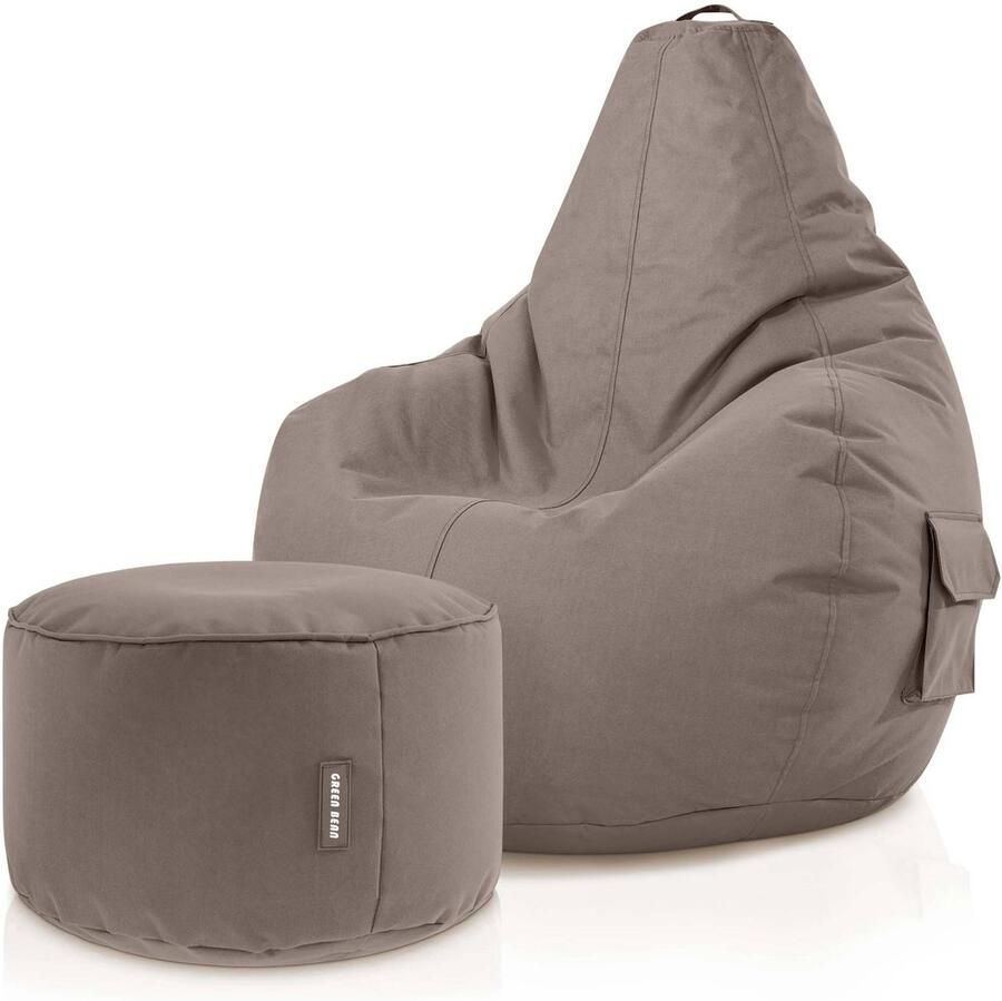 Green Bean Zitzak met rugleuning + kruk Cozy+Stay 80x70x90cm Gaming stoel met 230L EPS-korrelvulling Khaki