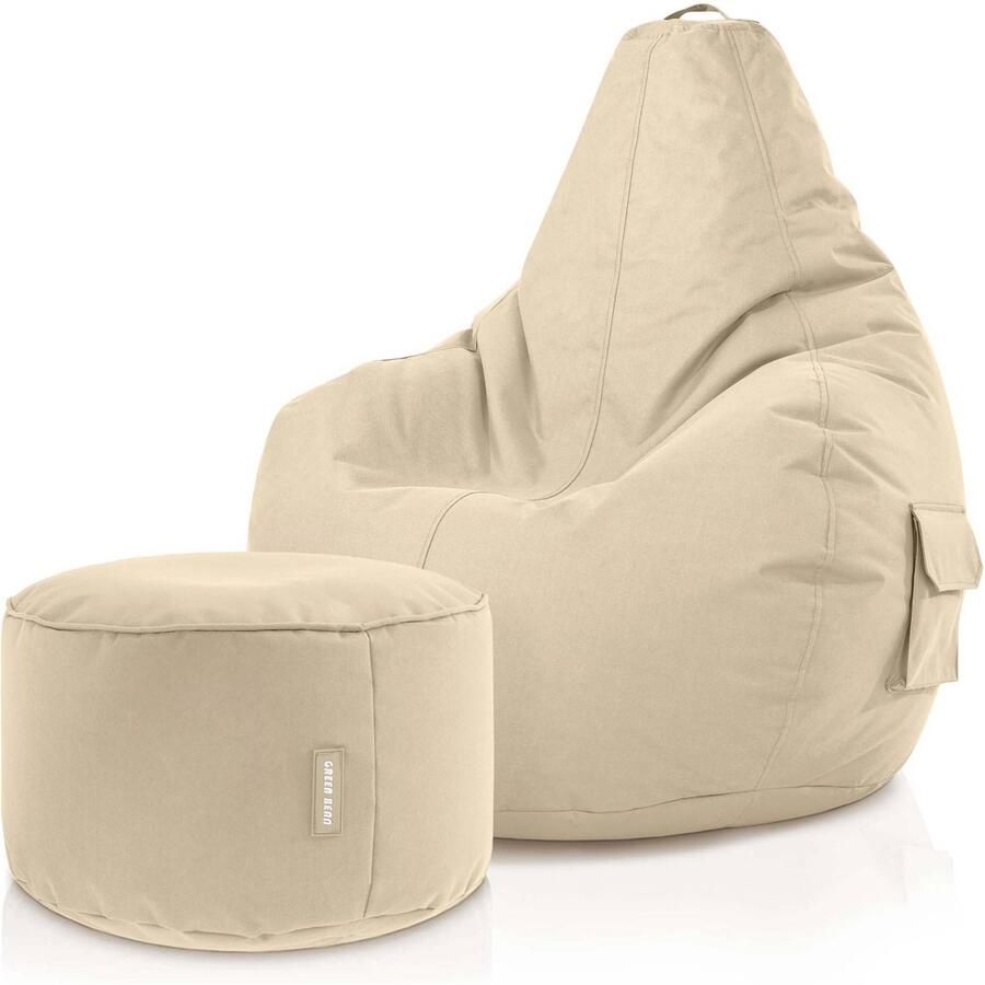 Green Bean Zitzak met rugleuning + kruk Cozy+Stay 80x70x90cm Gaming stoel met 230L EPS-korrelvulling Beige