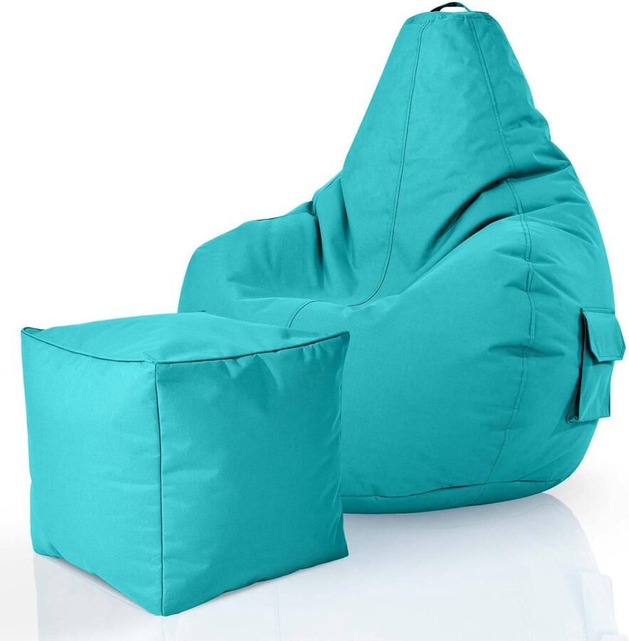 Green Bean Set van 2 zitzakken + kruk Cozy+Cube met EPS-korrelvulling robuust afwasbaar vuilafstotend turquoise