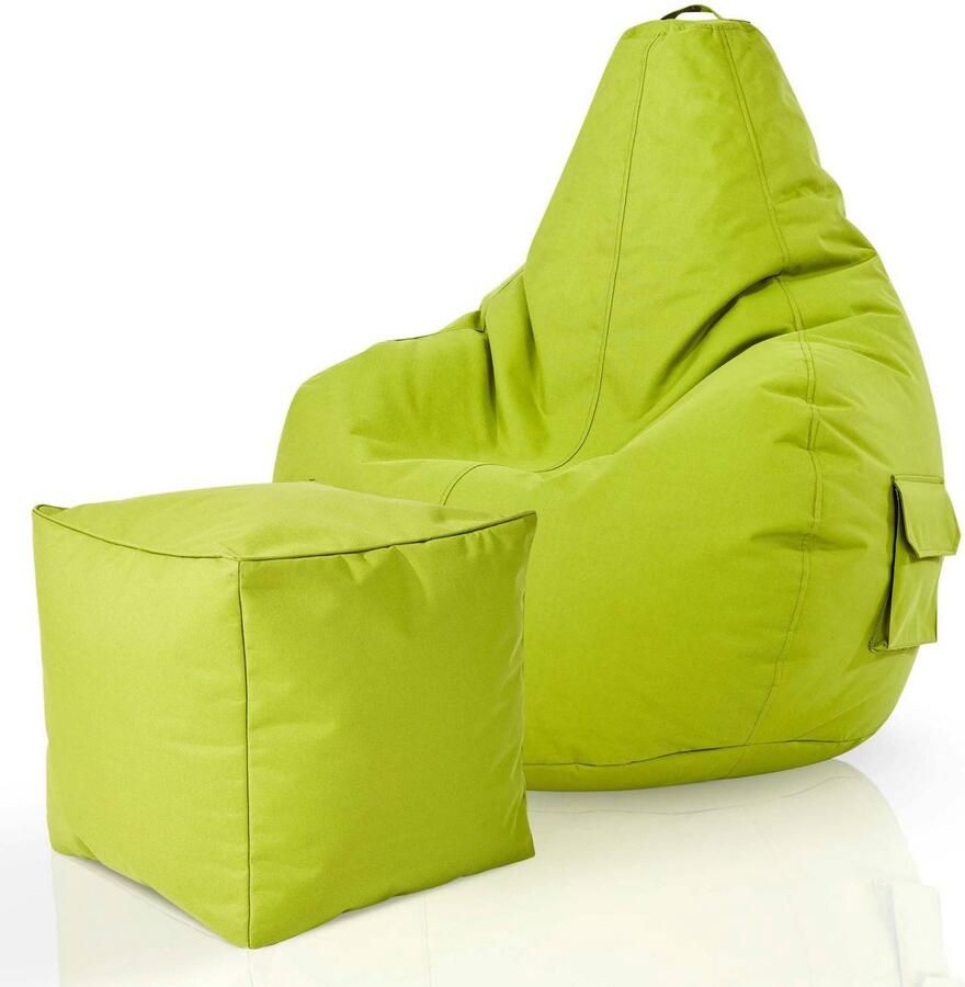 Green Bean Set van 2 zitzakken + kruk Cozy+Cube met EPS-korrelvulling robuust afwasbaar vuilafstotend lichtgroen