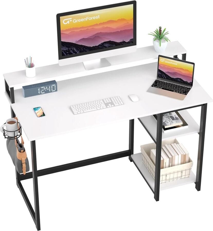 Computer Bureau met Volledige Monitor Stand en Omkeerbare Opslagplanken 100 x 50cm Home Office Bureau met Hoofdtelefoon Haak en Kophouder Studie Schrijven Gaming Workstation Tafel Wit