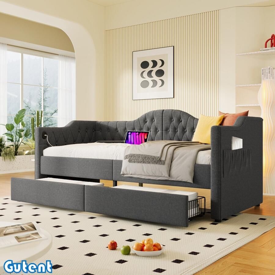 Grijs Gutent Slaapbank met Oplaadfunctie 2 laden 90x190 cm linnen (Matras niet inbegrepen)