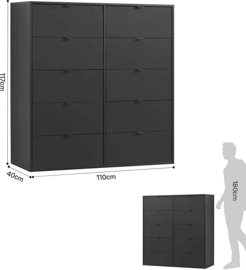 Grijs mokebo commode 'Die Stilvolle' (110x117x40cm) sideboard voor slaapkamer hal & kinderkamer met 10 houten lades in zwart antracie - Foto 2