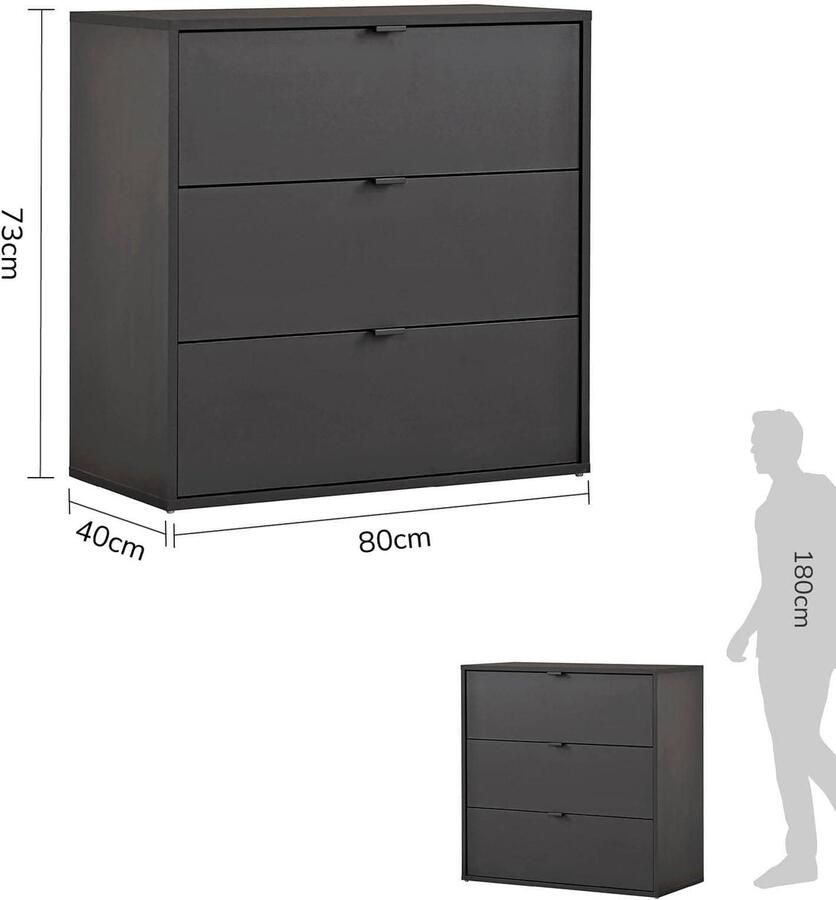 Grijs mokebo commode 'Die Stilvolle' (80x73x40cm) sideboard voor slaapkamer hal & kinderkamer met 3 houten lades in antraciet zwart - Foto 2