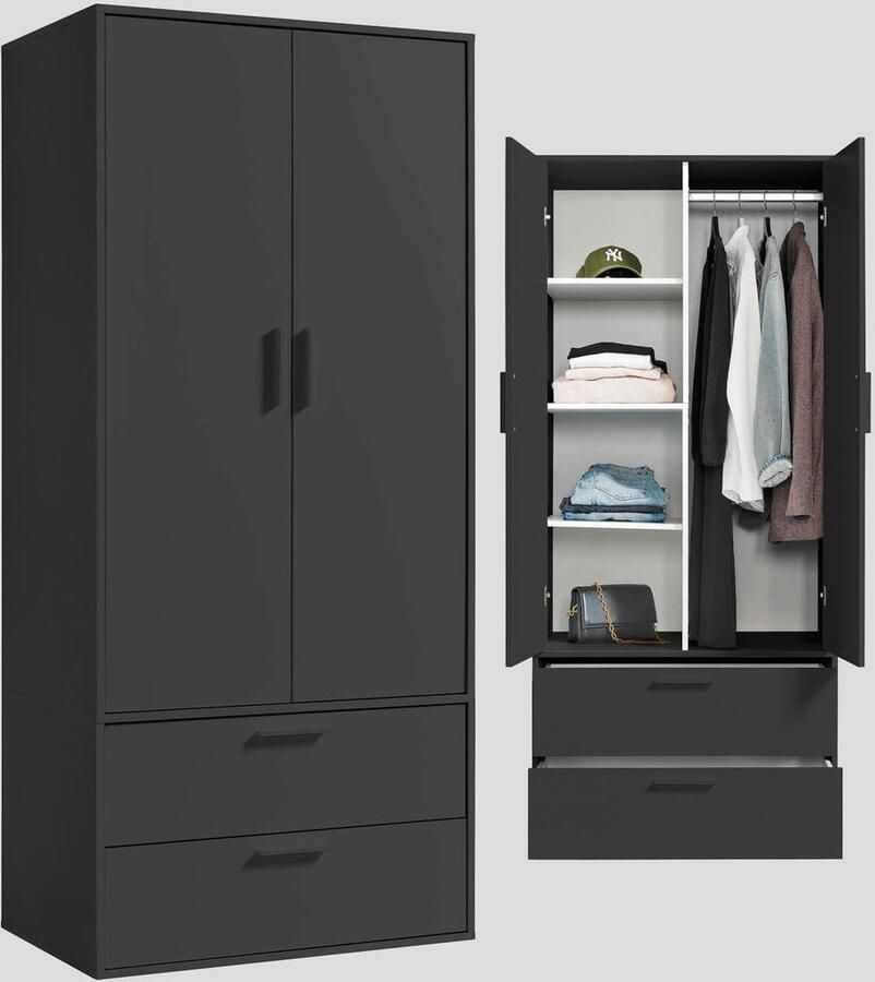 Grijs mokebo Kledingkast 'Der Kleiderheld' (80 x 180 cm) ruimtebesparende kast voor de slaapkamer met twee lades en vier vakken in antraciet zwart hout