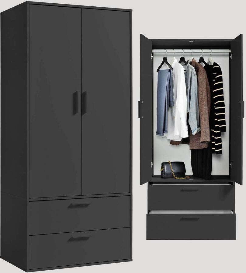 Grijs mokebo Kledingkast 'Der Kleiderheld' (80 x 180 cm) ruimtebesparende kast voor de slaapkamer met twee lades in antraciet zwart hout