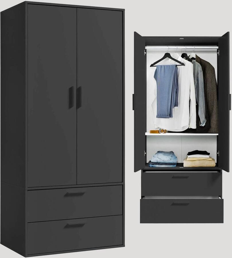 Grijs mokebo Kledingkast 'Der Kleiderheld' (80 x 180 cm) ruimtebesparende kast voor de slaapkamer met twee lades en twee vakken in antraciet zwart hout