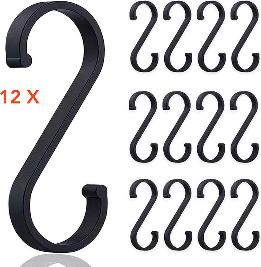 Grobbie S-Haken – Set van 12 – Zwarte Kapstokhaken – Keuken Organizer – Ophanghaken voor Kleding Keukengerei & Handdoeken – Aluminium – Max 6 kg – Voor Keuken Badkamer Kast & Meer