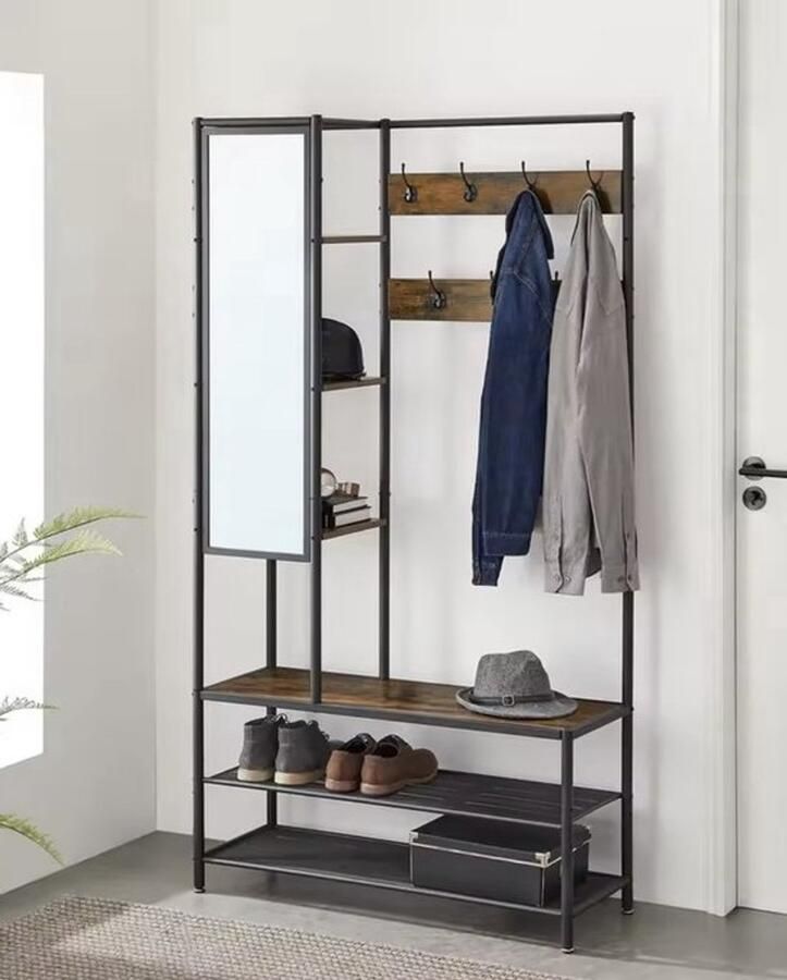 Grokos Kapstok met Schoenenrek Spiegel Kledingrek Garderobekast Planken 7 Haken 182x98 cm Schoenen rek Hout en metaal Industrieel Bruin Zwart
