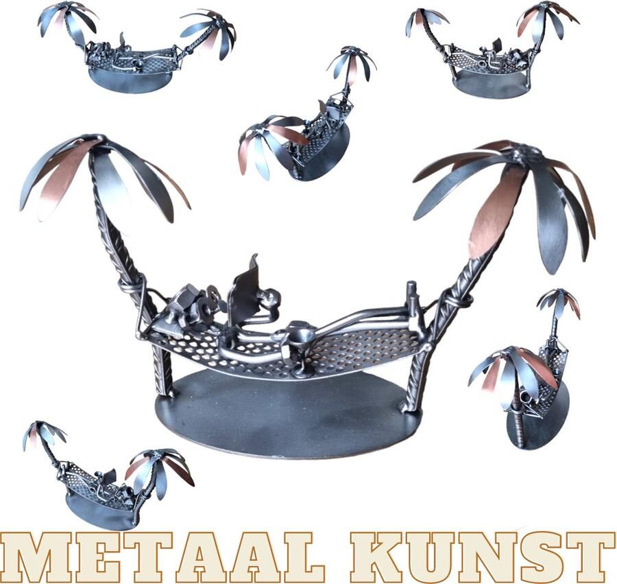 GS Vakantie rustend op hangmat metalen beeldje metaal kunst uniek verjaardag cadeau boeklezer sinterklas gift kerst 2024 geschenk