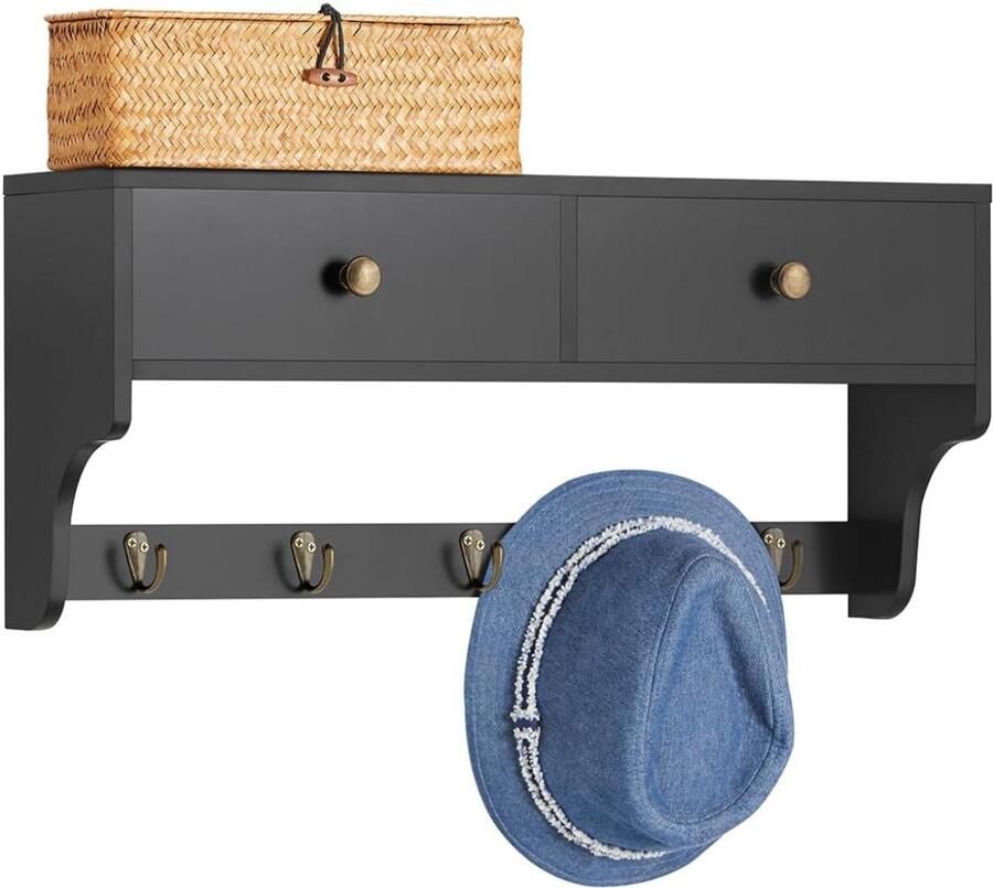 Gtb Wandkapstok met Hoedenplank Kapstok Wandkapstok Zwart 60cm x 15cm x 27cm