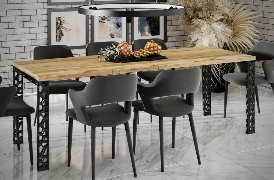 Industrial-Home Eiken Uitschuifbare Eettafel – Verlengbaar van 130 tot 405 cm – Luxe Massief Uiterlijk – Goud & Eiken – Modern Design – Robuust Metaal Frame – Geschikt voor 8+ Personen – Stijlvol & Onderhoudsvriendelijk - Foto 2