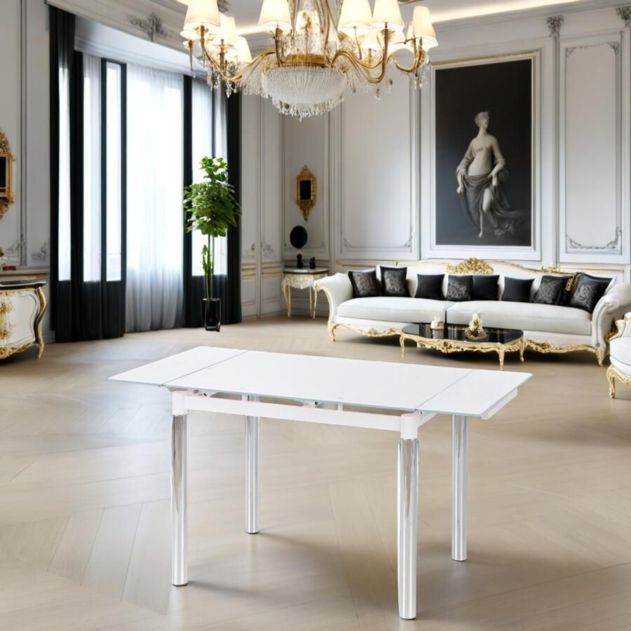 Industrial-Home Uitschuifbare Eettafel – Marmerlook Wit – Luxe Glazen Blad – 160-220 x 90 x 76 cm – Massief Roestvrijstalen Frame – 108 5 kg – Elegant Design voor 6 tot 8 Personen – Tijdloos & Stijlvol Tréminis eetkamer tafel uitschuif - Foto 2