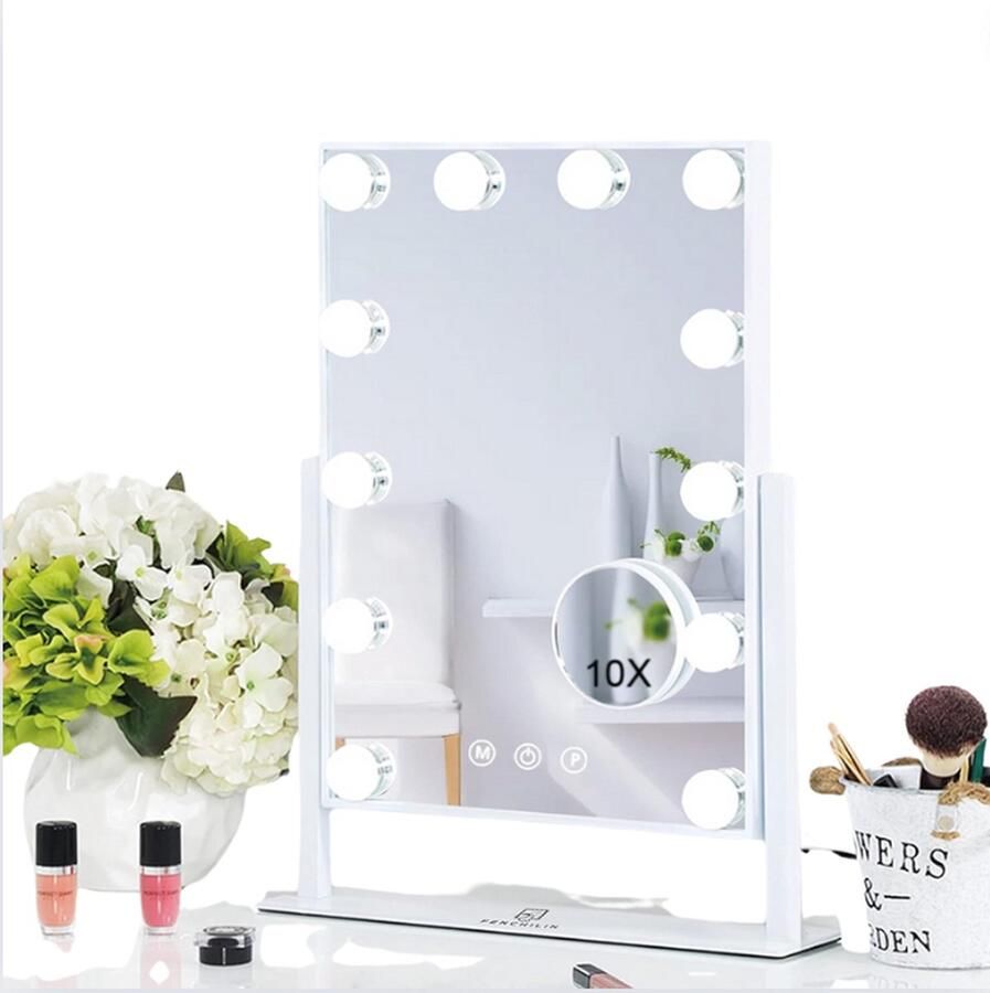 GUTEC Hollywood Spiegel met Verlichting Hollywood Mirror met 3 Lichtstanden Kaptafel Verlichting met 10x Vergroting