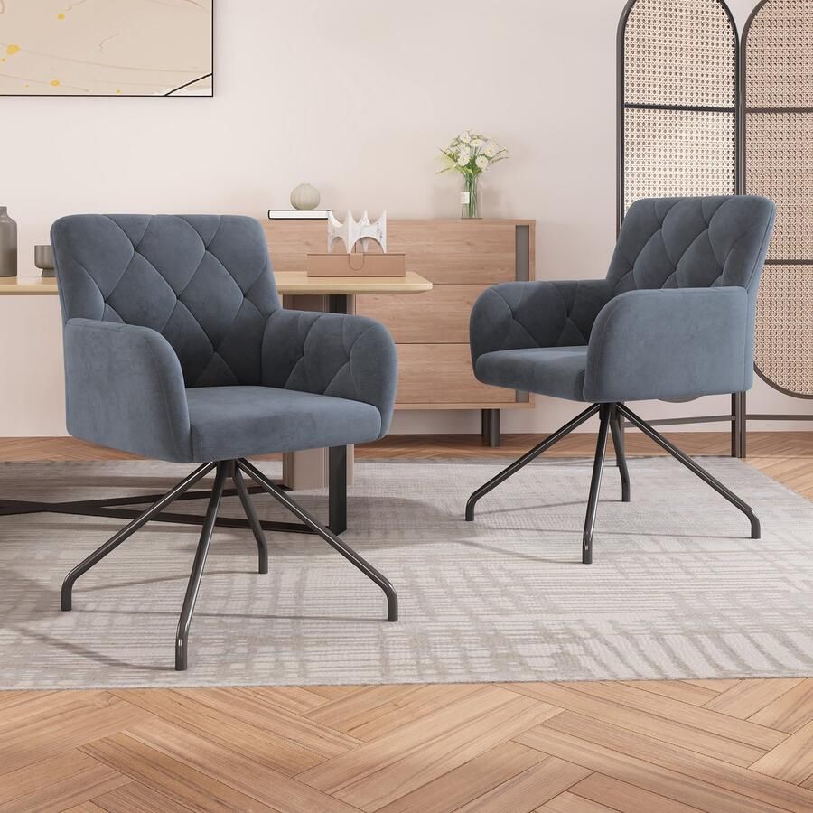 GUTENACHT Gutent Eetkamerstoelen (set van 2) Gestoffeerde Armstoel (met 4 metalen poten) Ruitpatroon Moderne Loungestoel Lendensteun Fluweel Grijs (Zonder tafel)