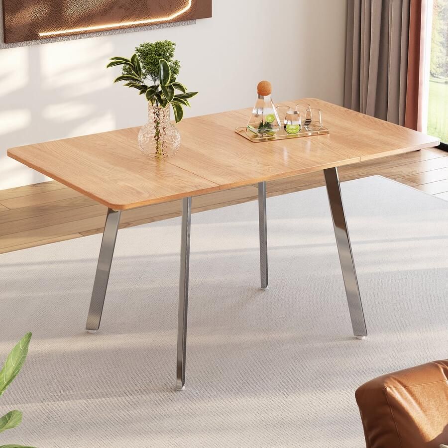 Sweiko Minimalistische eettafel 140 cm x 80 cm poten in naturel en zilverchroom sterke legering steunen geschikt voor 4-6 personen