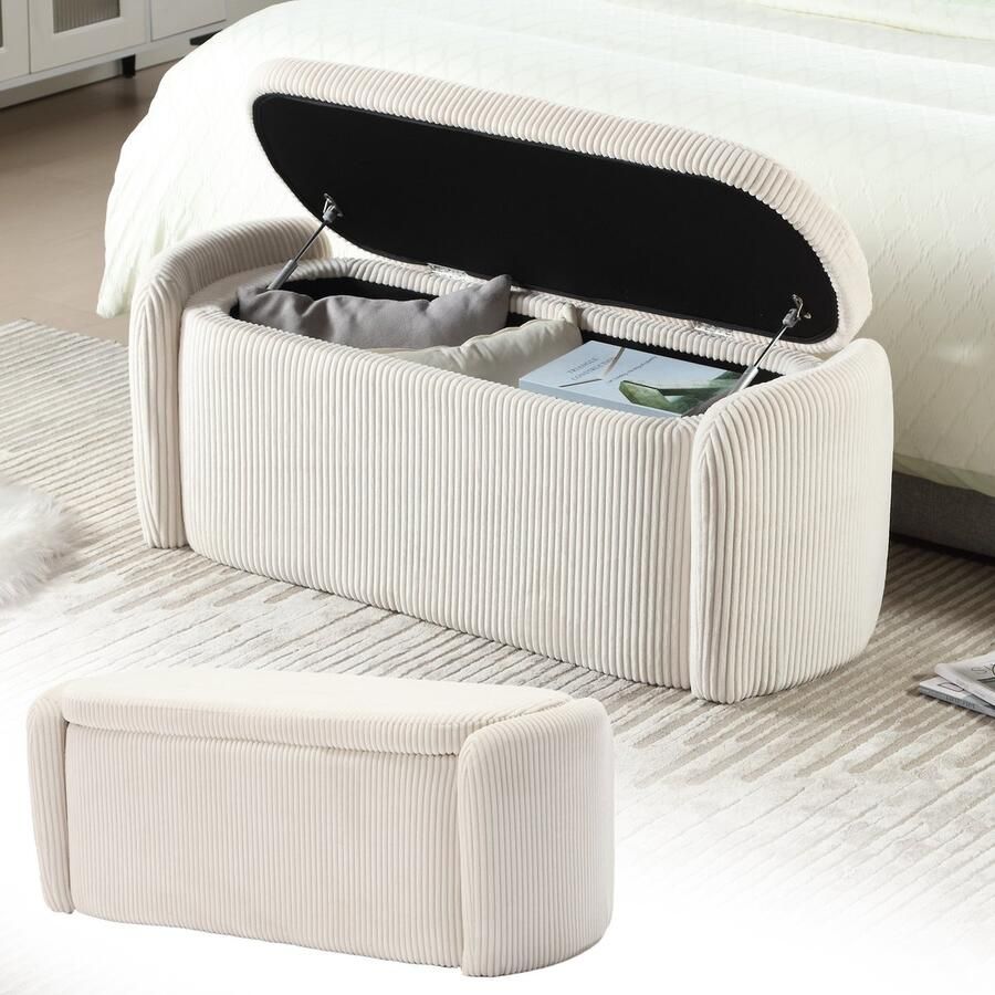 Gutent Bank Beige Gestreept Fluwelen Comfortabele Zitplaats voor Woonkamer Ingang Slaapkamer Multifunctionele Opbergbank