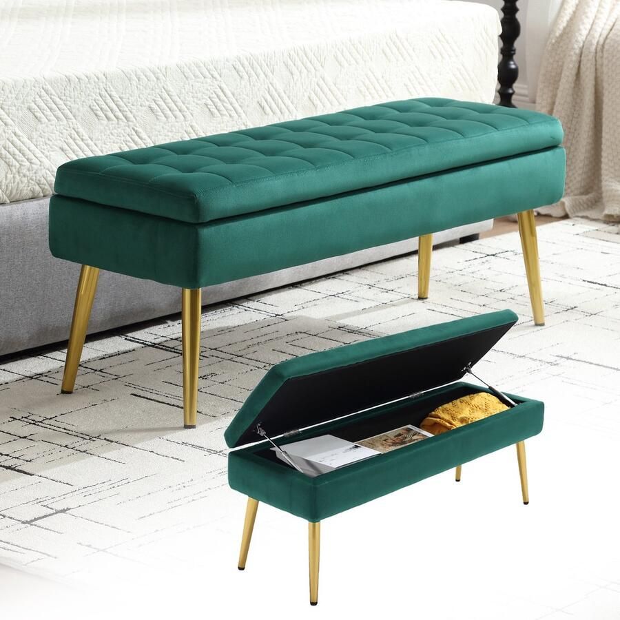 Gutent Bank Groener met Goudkleurige metalen poten Beklede fluwelen bank eenvoudig te monteren multifunctionele opbergbank