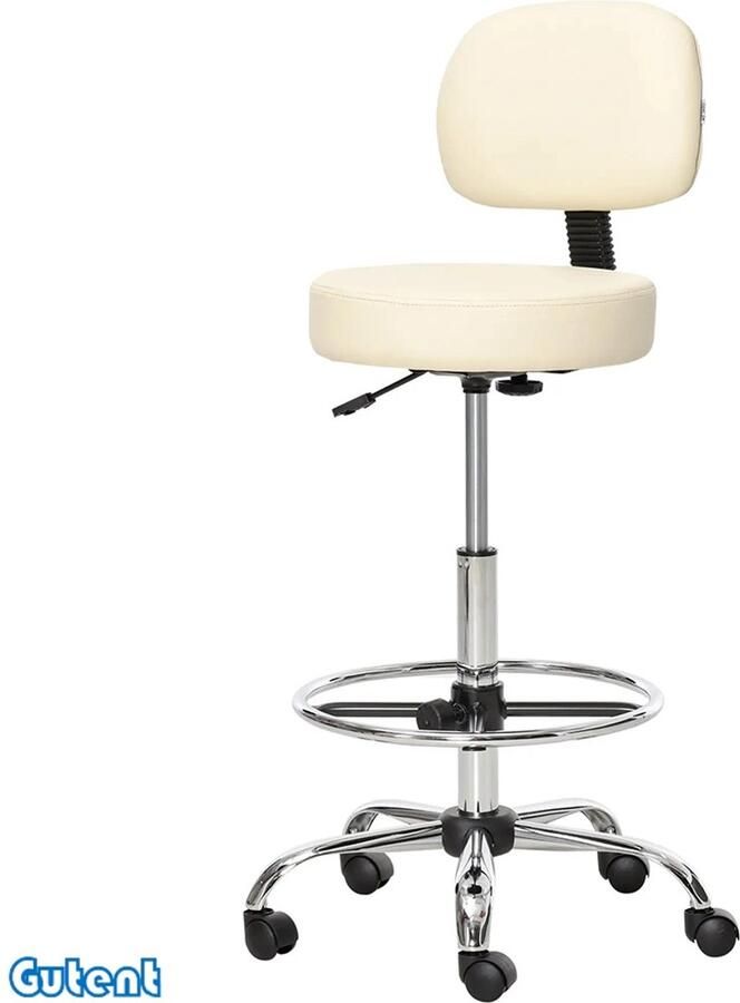 Gutent Barkruk In hoogte verstelbaar Op wielen Kunstleer 360° draaibaar Met rugleuning Beige 56 x 57 x 104-127 cm