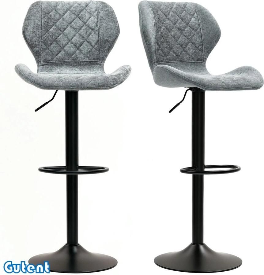 Gutent Barkruk Set van 2 In hoogte verstelbaar Met rugleuning Pneumatisch heffen Voetsteun Draaibaar Grijs