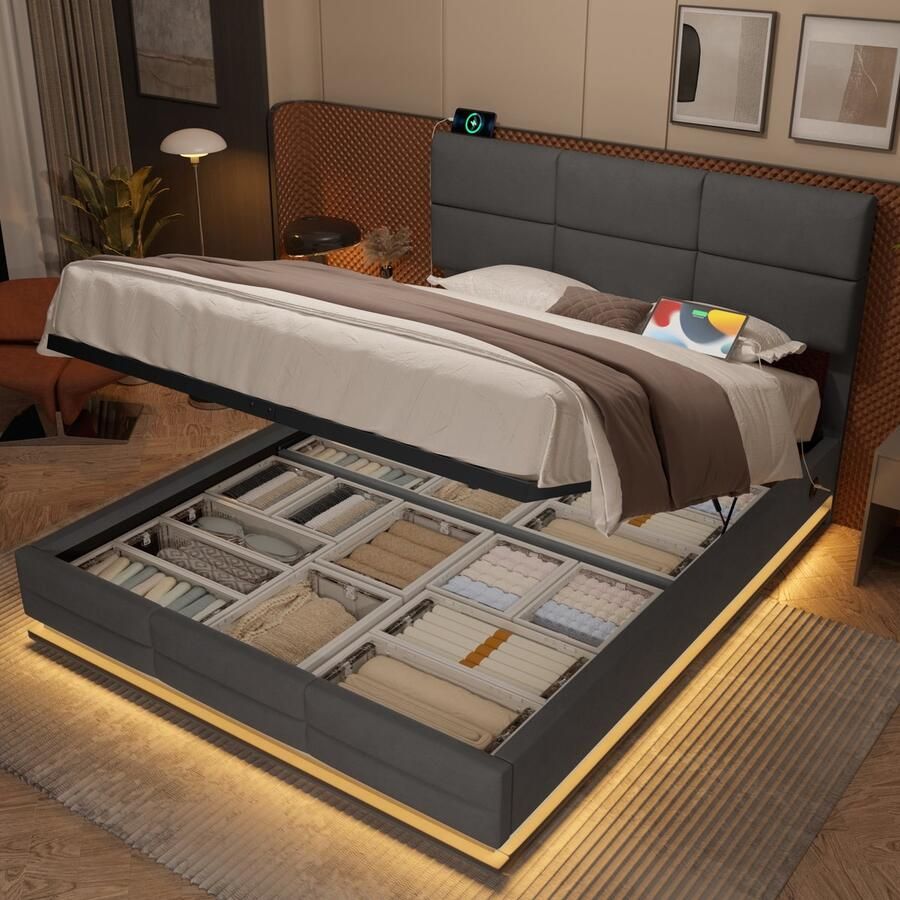 Gutent Bed met fluwelen bekleding 140x200 cm met in hoogte verstelbaar hoofdeinde Inclusief USB Type-C-aansluiting LED-ambianceverlichting Hydraulisch hefsysteem Opbergruimte (zonder matras) Grijs