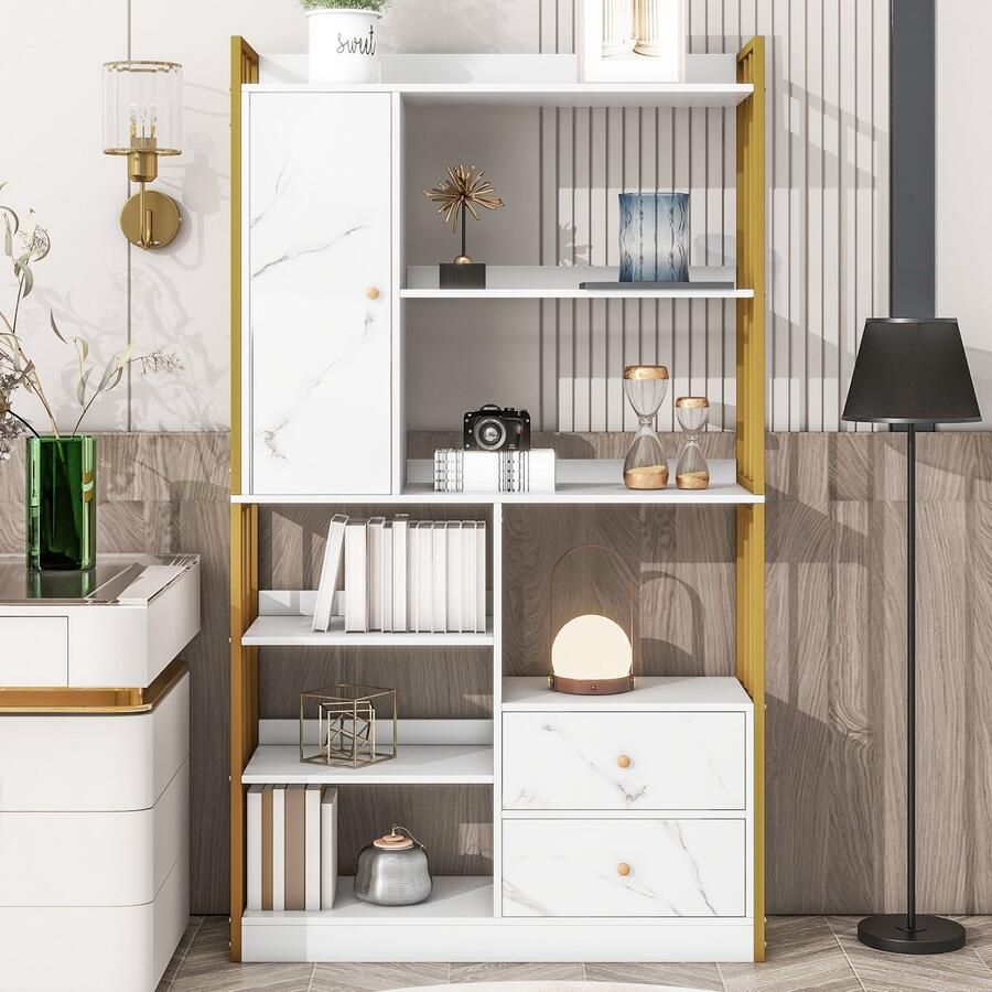 Gutent Boekenkast WIT 6 Planken Staand met Deuren en laden industriële stijl staal