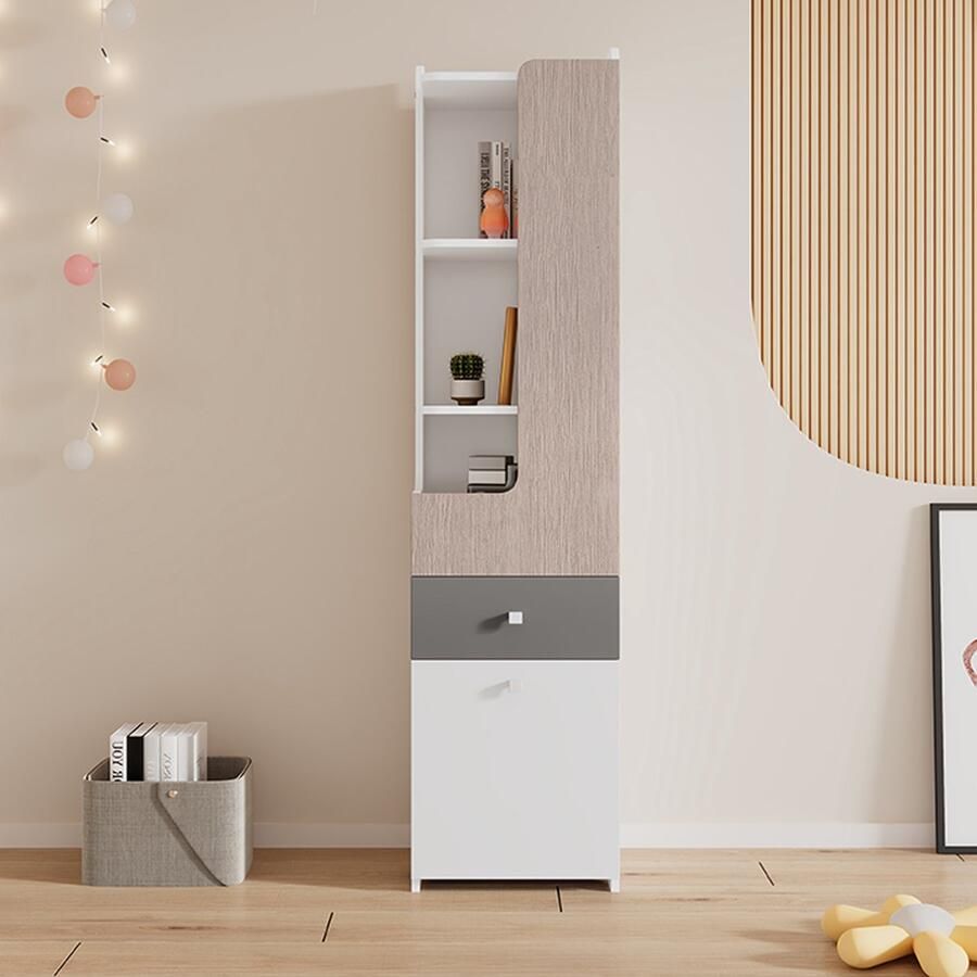 Sweiko Hoge boekenkast tienerplank met L-vormige deur met lade opslagkasten deuren met scharnieren met vierkante metalen knoppen MDF witte en lichte iep kleur grijs