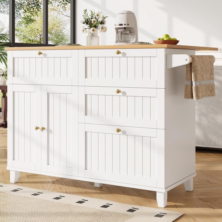 Gutent Buffet Dressoir Met Houtnerf Buitenkant Met Opbergruimte Kast met Rekfunctie Wit