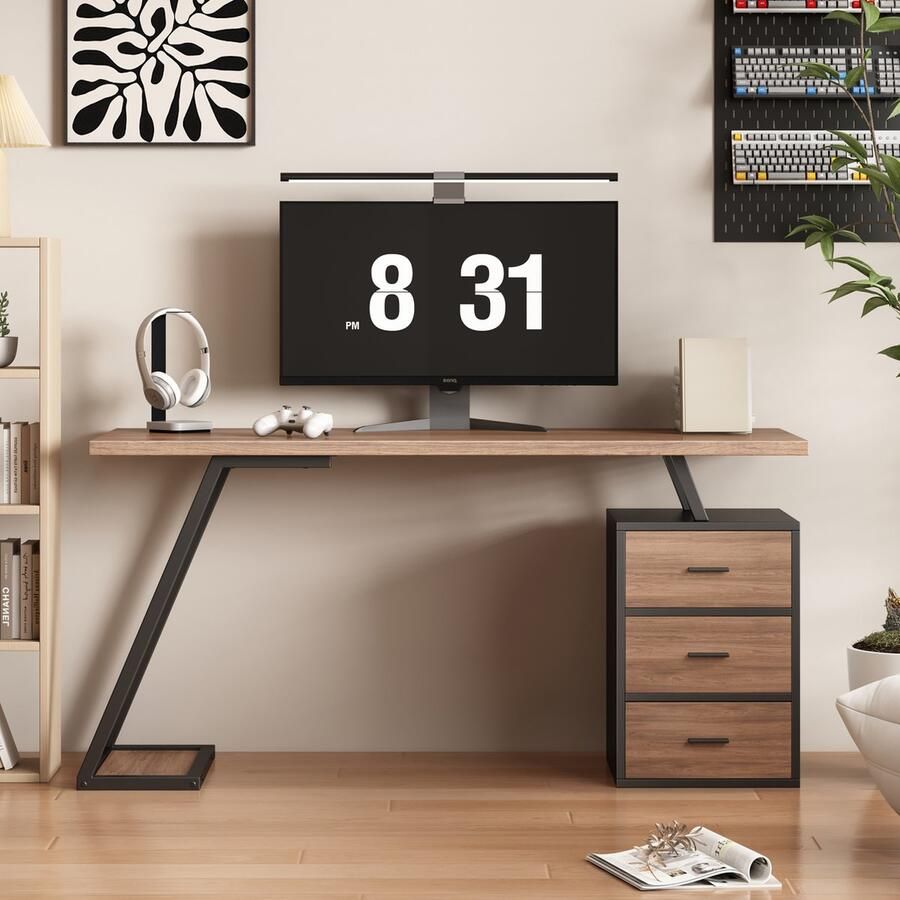 Gutent Bureau Originele Houtkleur met 3 laden Werktafel knutseltafel industrieel bureau 140 cm