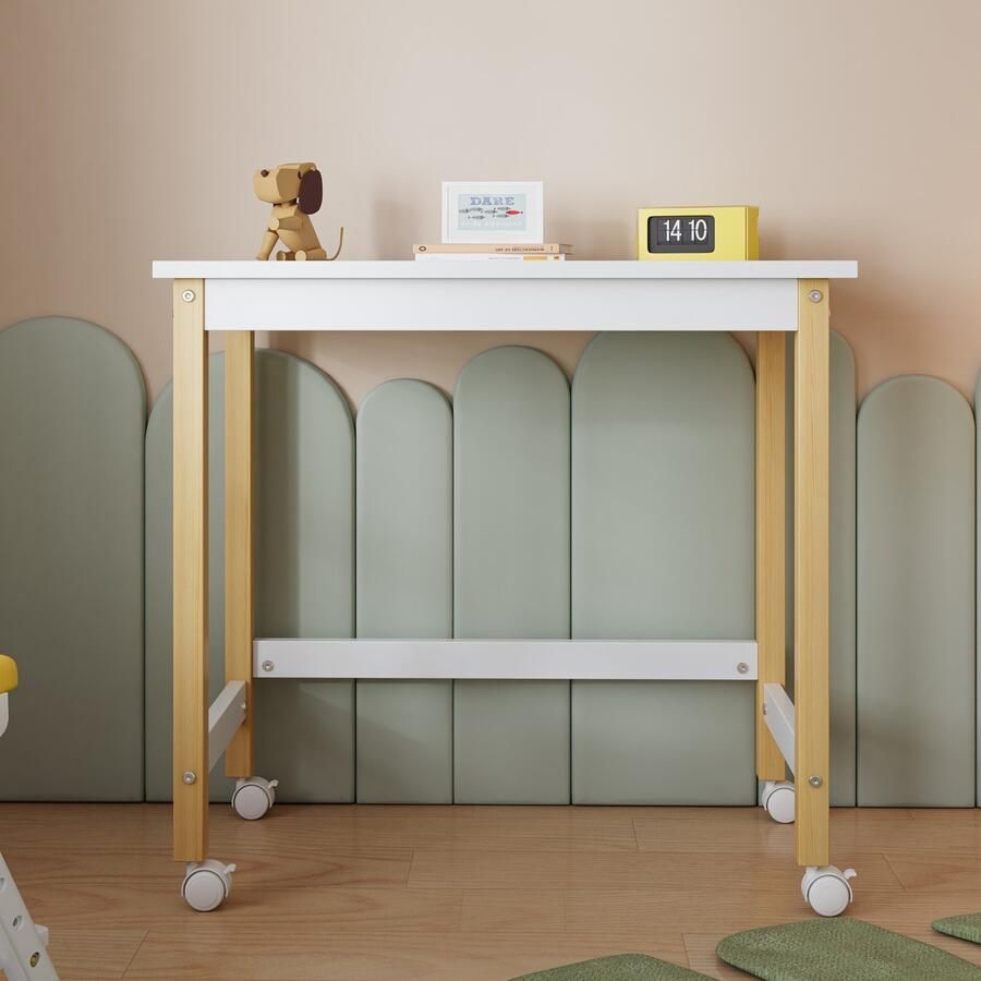 Gutent Bureau Wit + Naturel Tafel Schrijftafel Werkblad met richtingswielen grenen + MDF voor kinderen