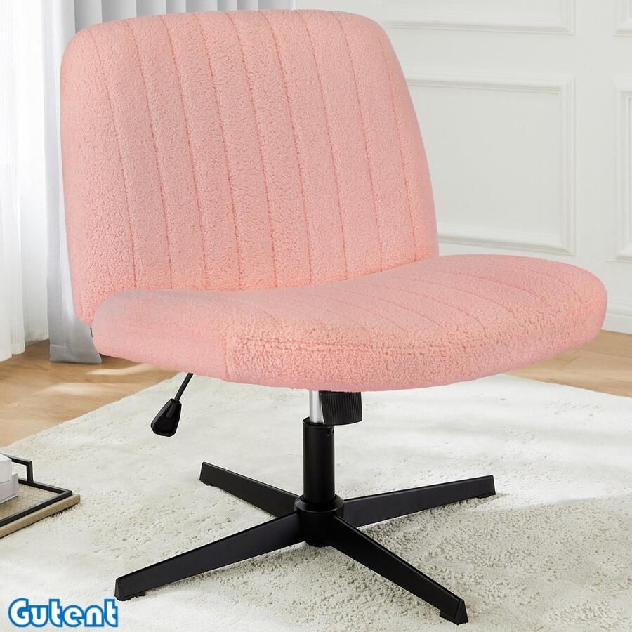Gutent Bureaustoel Draaibaar Teddy Fluweel Kruispoten Zonder Rollen Zonder Armen Roze