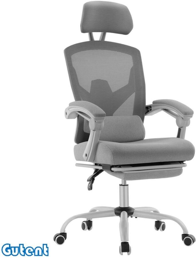 Gutent Bureaustoel- Met lendenkussen en beklede armleuningen- Intrekbare voetensteun-Ergonomische draaistoel- Grijs