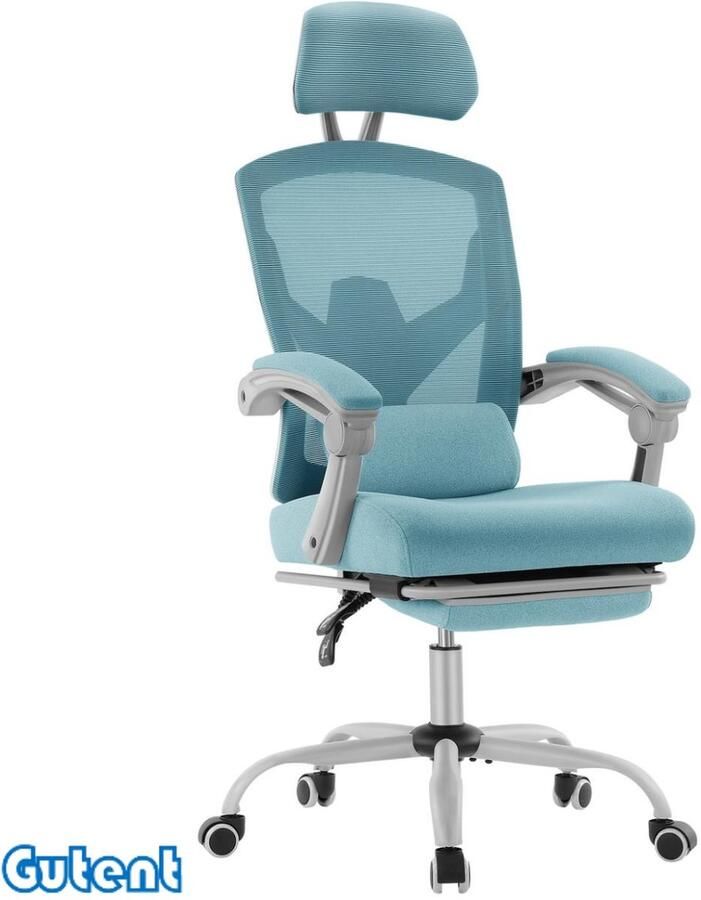 Gutent Bureaustoel- Met lendenkussen en beklede armleuningen- Intrekbare voetensteun-Ergonomische draaistoel- Blauw (kleur)