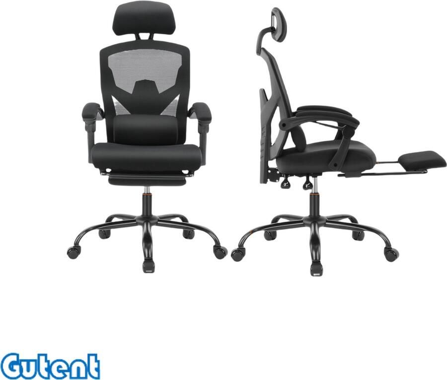 Gutent Bureaustoel- Met lendenkussen en beklede armleuningen- Intrekbare voetensteun-Ergonomische draaistoel- Zwart