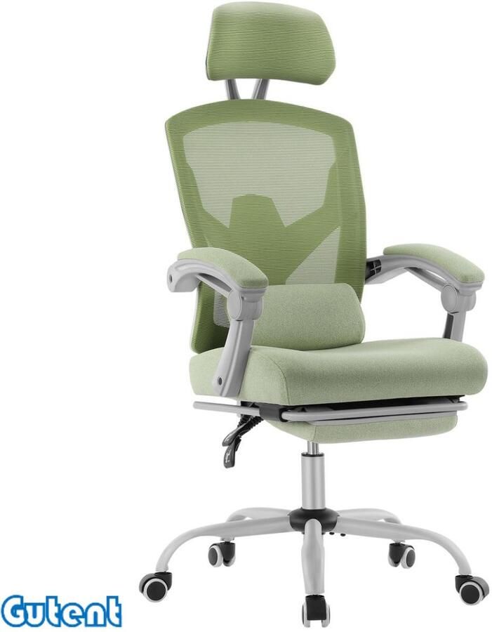 Gutent Bureaustoel- Met lendenkussen en beklede armleuningen- Intrekbare voetensteun-Ergonomische draaistoel- Groener