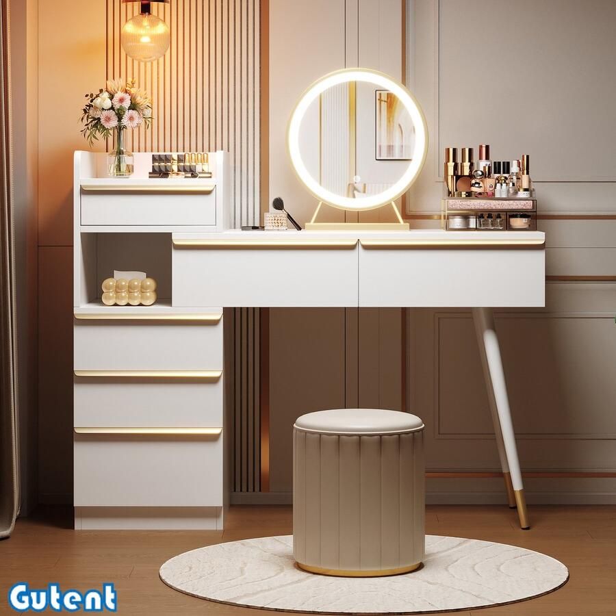 Gutent Commode met uitschuifbaar tafelblad 6 laden en gouden handgrepen met dimbare LED spiegel Wit afmetingen: 102 x 100 x 41 5 cm (H x B x D) zonder krukje