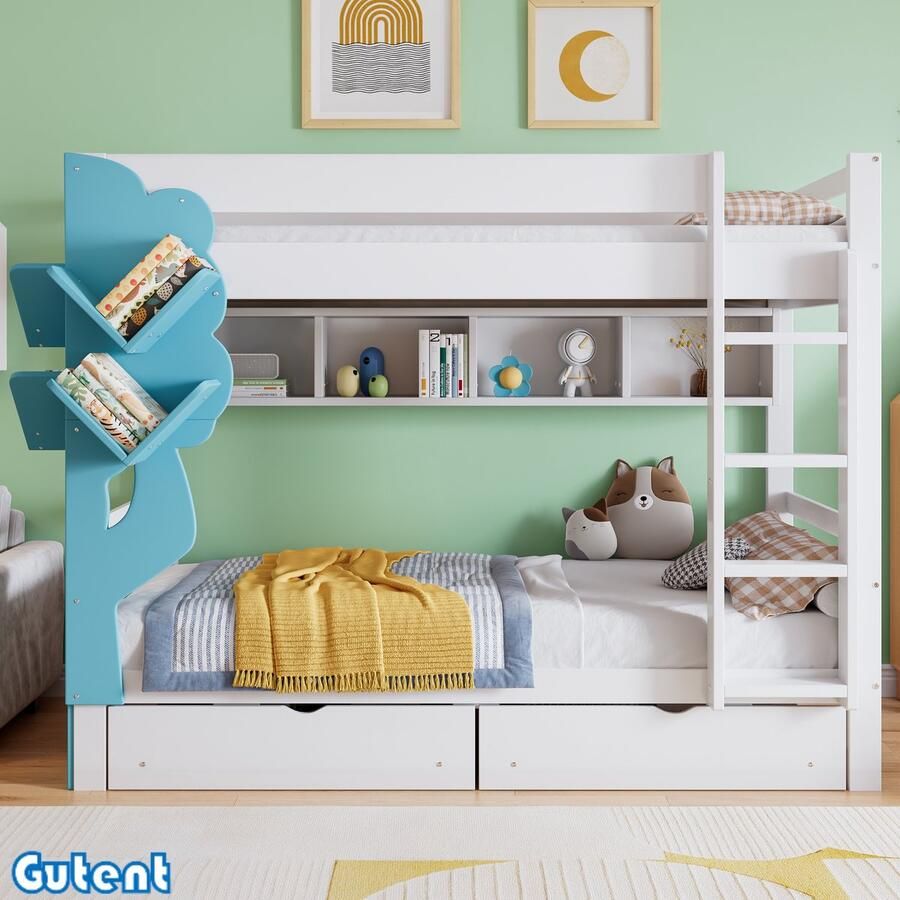 Gutent Creatief Kinderstapelbed Boomkast Twee laden op wieltjes Met antislipnet Den + MDF Wit + Blauw 90x200 cm Zonder matras