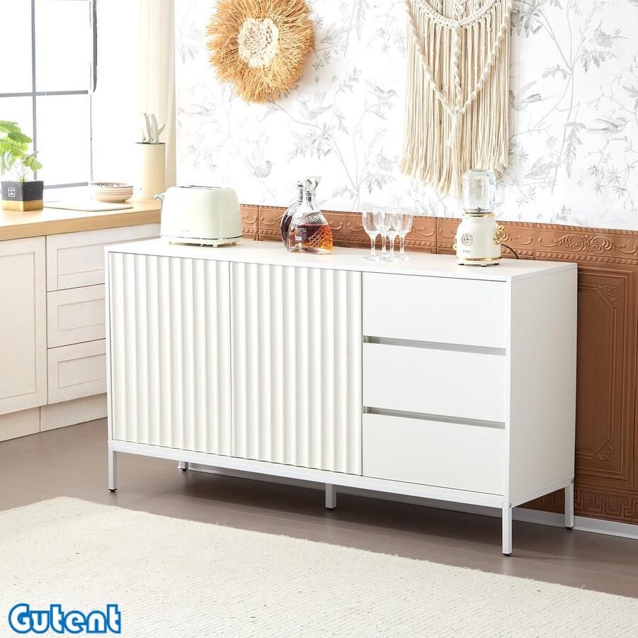 Gutent Dressoir 1 5m Ontwerp met golfpatroon Verstelbare legplanken 3 laden Wit