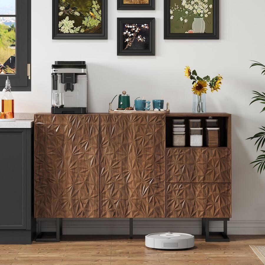 Gutent Dressoir 120 × 40 × 78 5 cm Bladmotief in reliëf Metalen poten 2 deuren en 2 lades Walnootkleurig