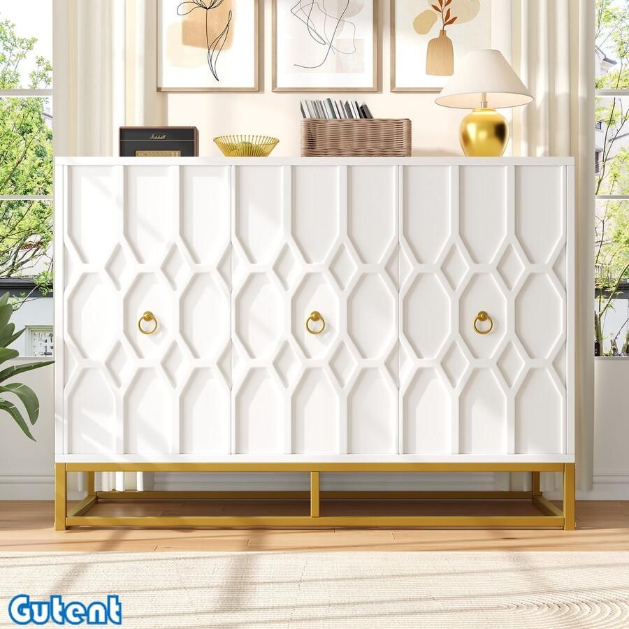 Gutent Dressoir (120 x 40 x 85 cm)-Patroonkast-met-stoere ijzeren poten-Wit