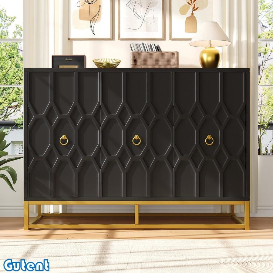 Gutent Dressoir (120 x 40 x 85 cm)-Patroonkast-met-stoere ijzeren poten-Zwart