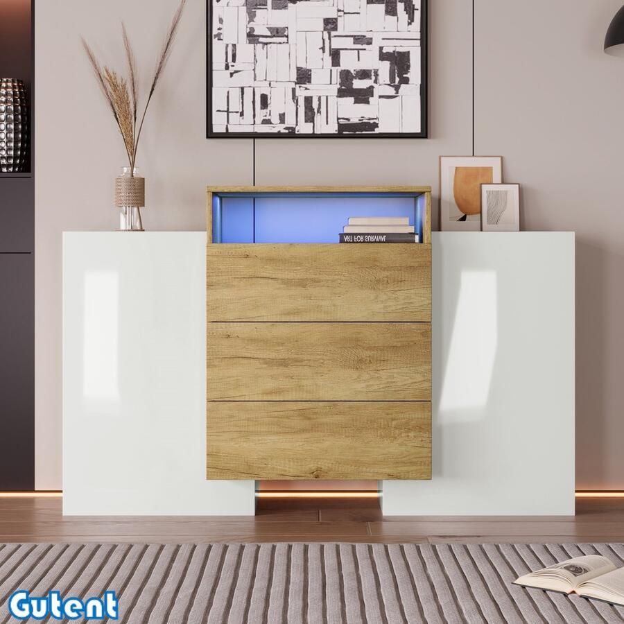 Gutent Dressoir -140cm-Wit en houtkleurig-Glad-met-LED-verlichting-Afwerking gedeeltelijk glad