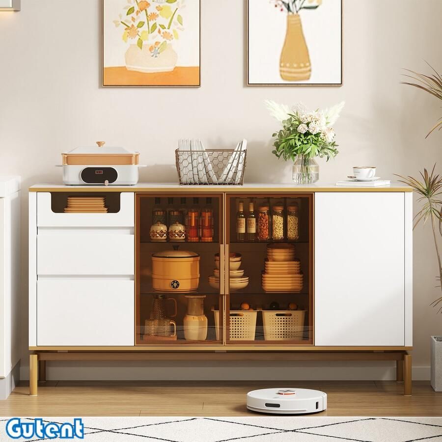 Gutent Dressoir 150 L x 40 B x 80 H cm Wit Gouden rand Met glazen en houten vakken