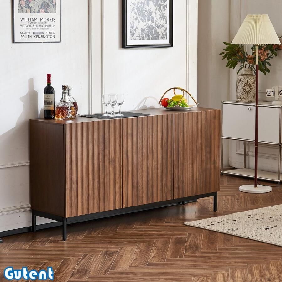 Gutent Dressoir 150x40x80 cm Donker Eiken nerf Mid-eeuwse decoratie Golvend 3D ontwerp Verstelbare planken Bruin