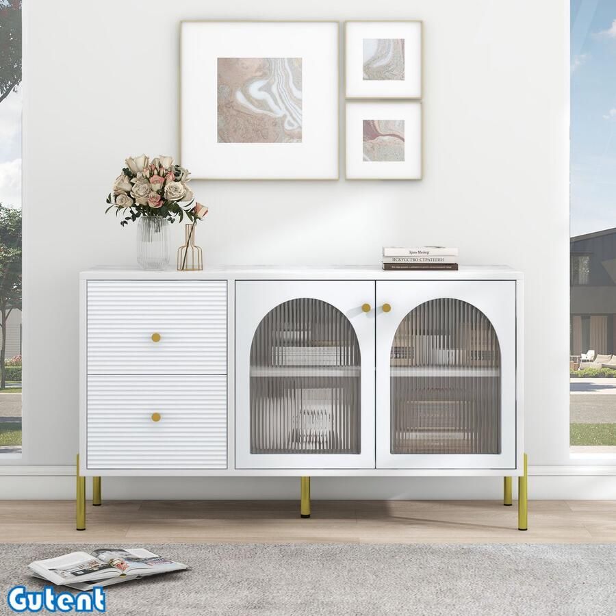 Gutent Dressoir 2 Glazen Deuren 2 Laden Verstelbare Planken Wit & Goud