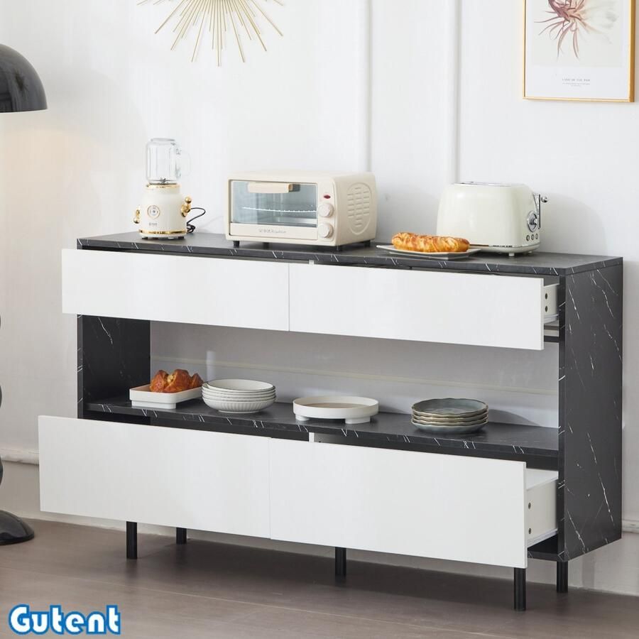 Gutent Dressoir 4 Laden LED Verlichting Metalen Frame 150 x 35 x 89 5 cm Zwart