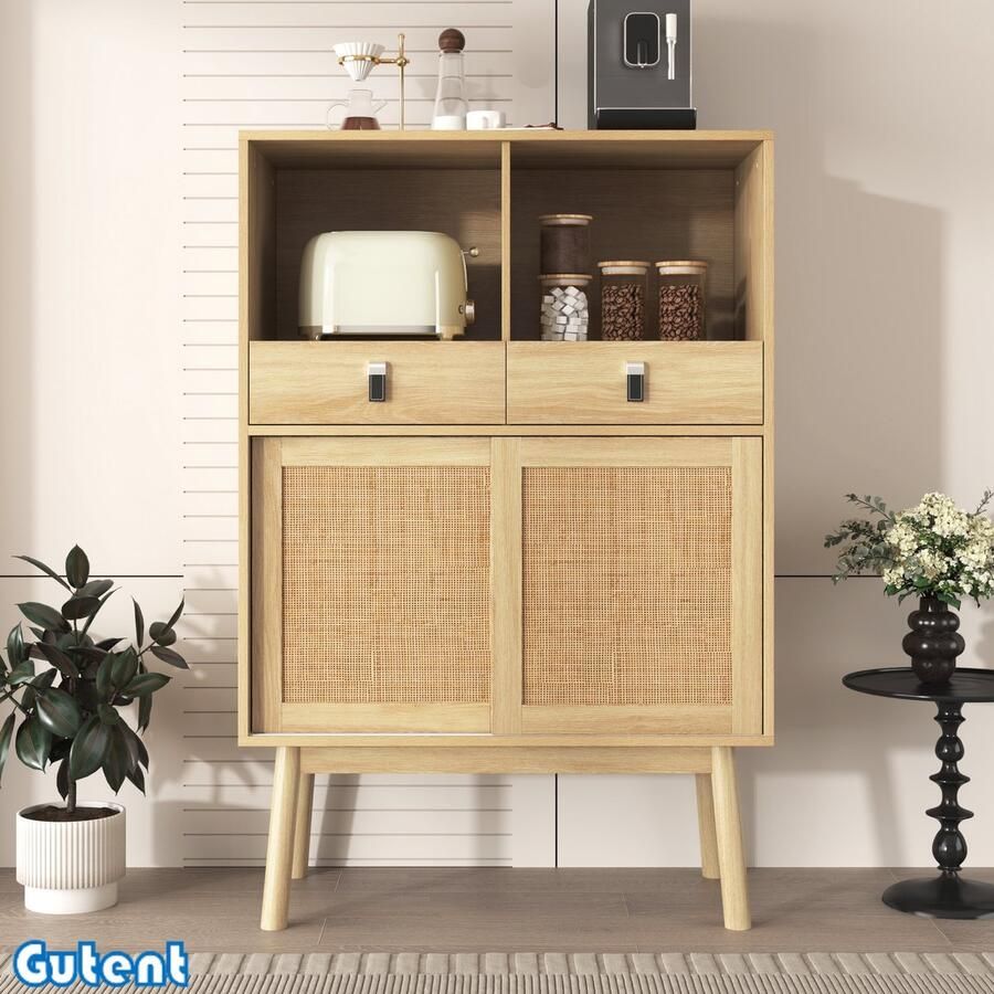 Gutent Dressoir 80x39.5x120cm rotan deuren twee laden twee deuren 18cm hoge tafelpoten Houtkleur
