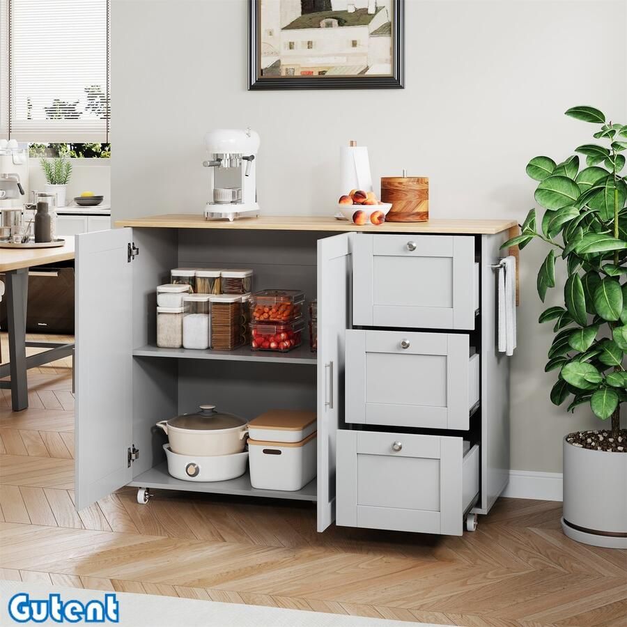 Gutent Dressoir Afneembaar Eiken werkblad Opvouwbaar ontwerp 3 laden Grijs